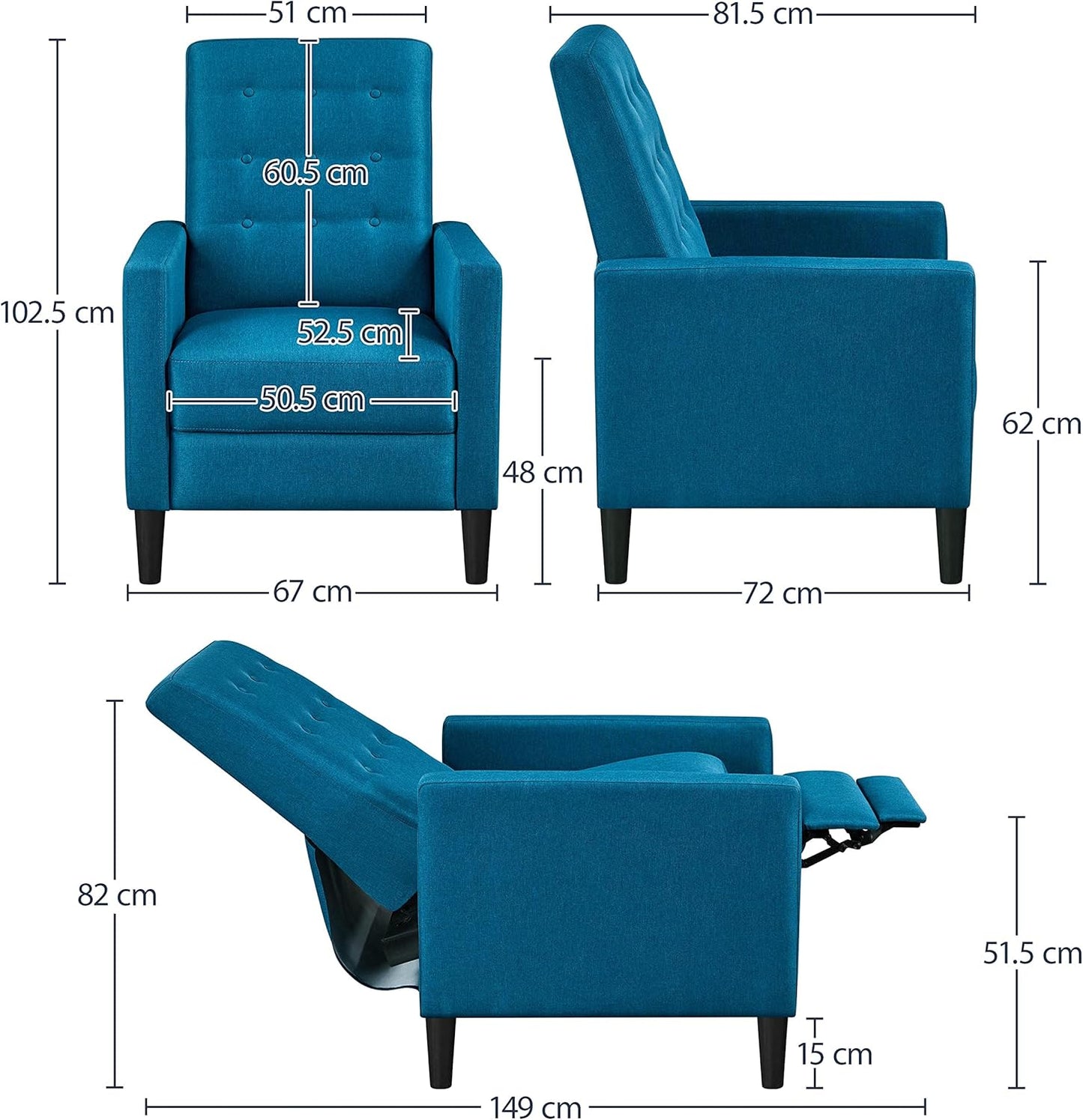 Sofa Blue Fabric Recliner Armchair Adjustable Reclining Chair Upholstered Single Sofa Armchair