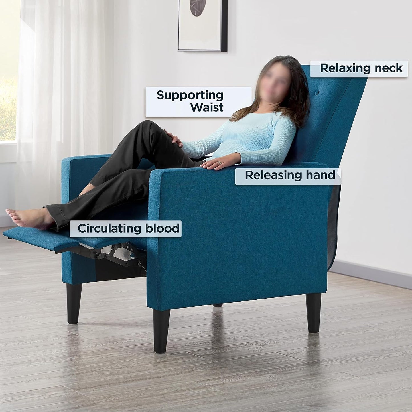Sofa Blue Fabric Recliner Armchair Adjustable Reclining Chair Upholstered Single Sofa Armchair