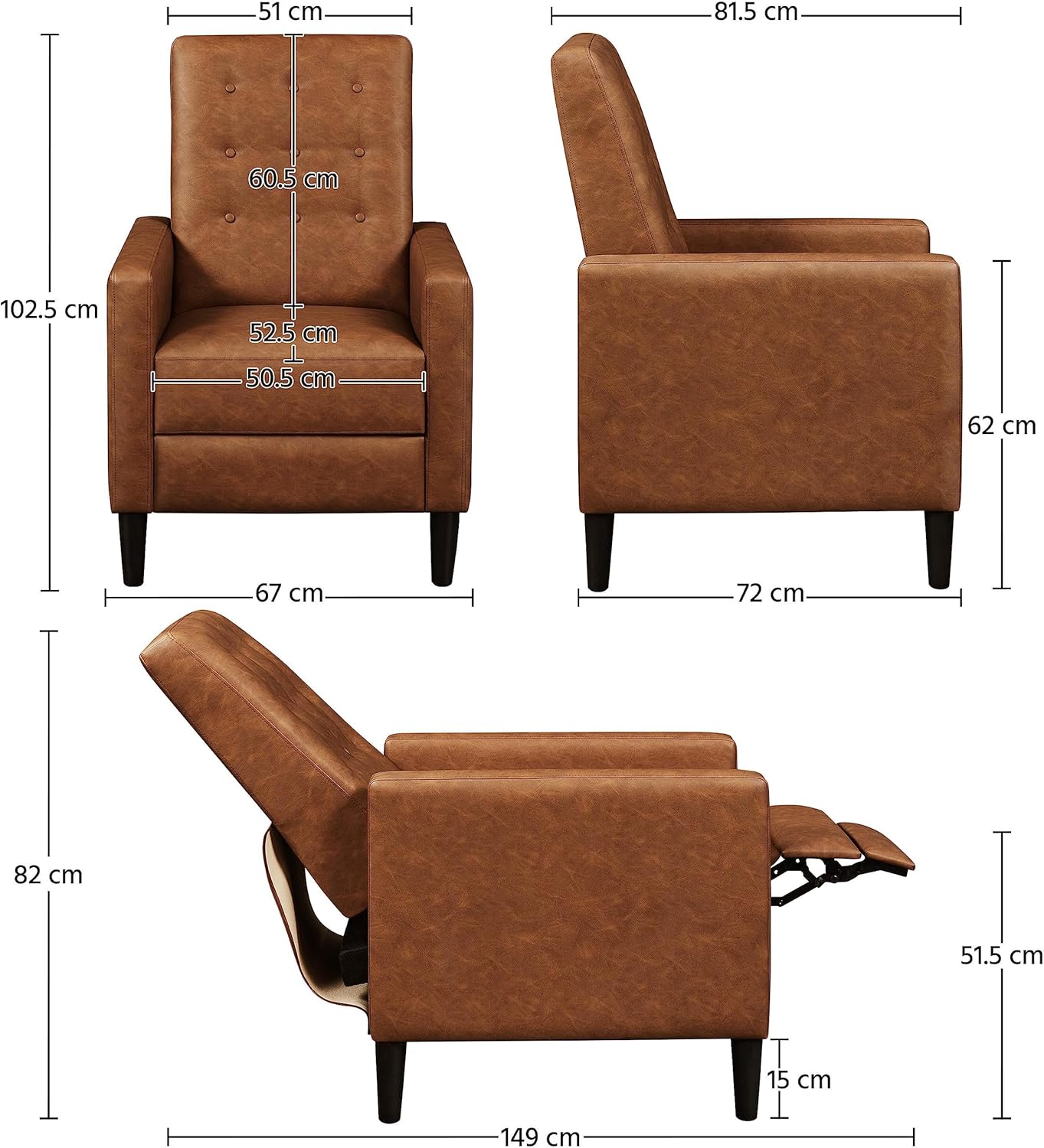 Sofa Recliner Chair Adjustable Reclining Armchair Upholstered PU Leather Single Sofa