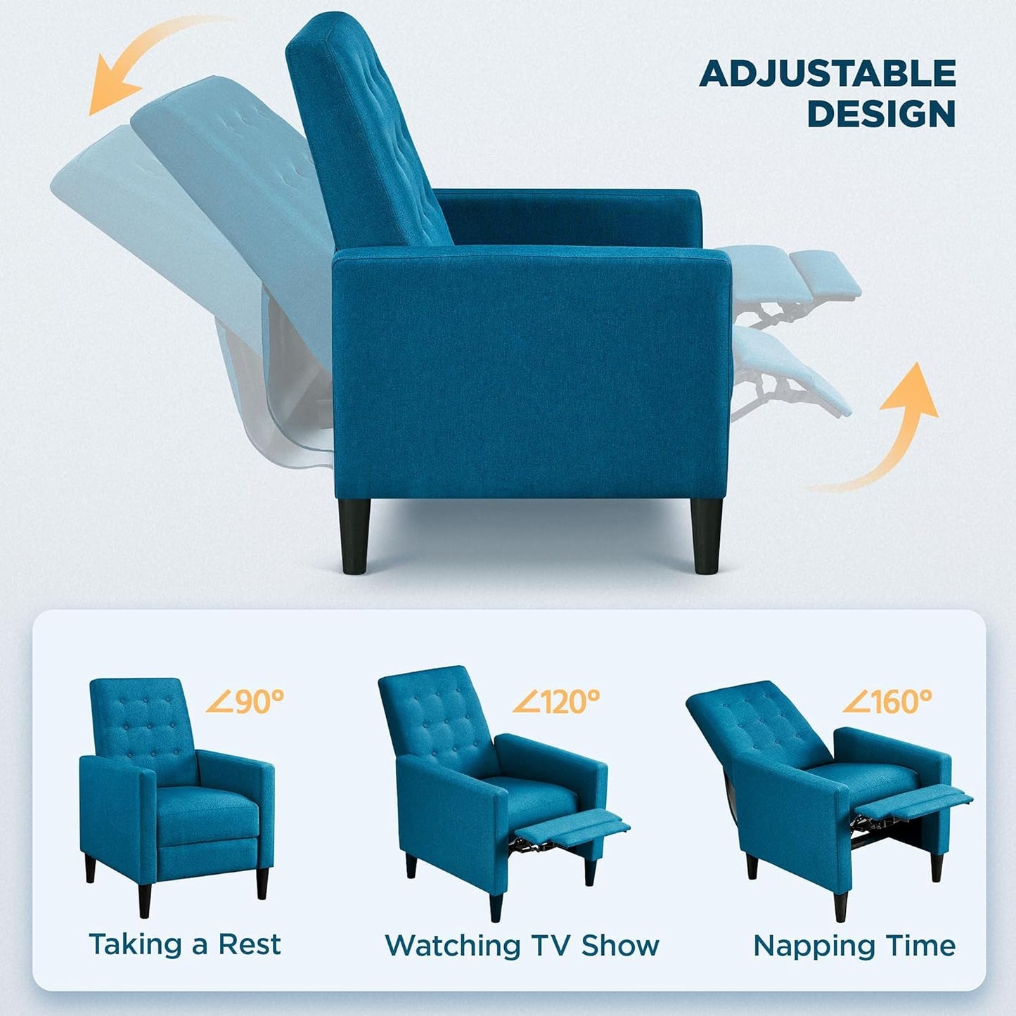 Sofa Blue Fabric Recliner Armchair Adjustable Reclining Chair Upholstered Single Sofa Armchair
