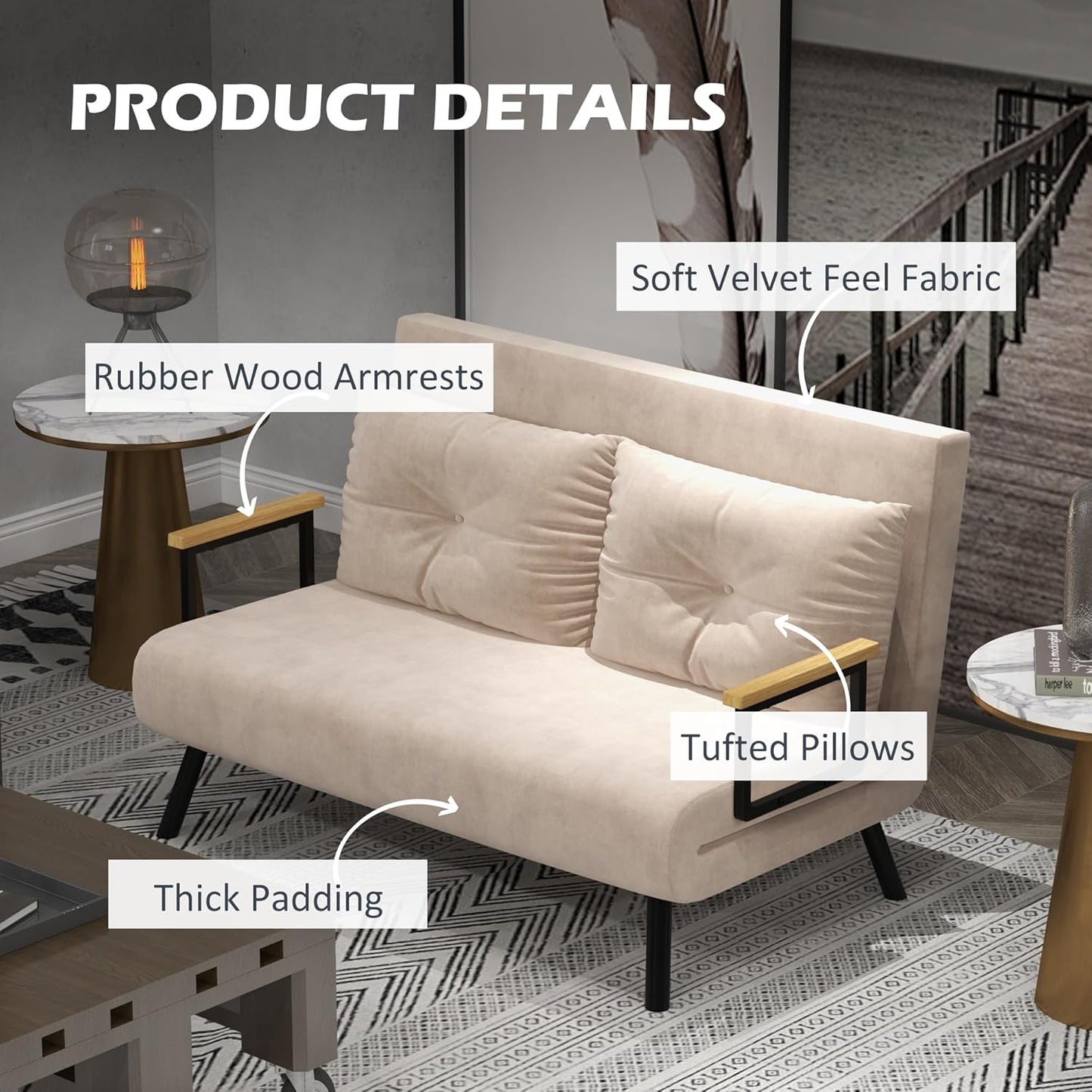 Sofa 2 Seater Sofa Bed, Click Clack Convertible Bed Settee, Modern Velvet Feel Fabric Sofa Couch