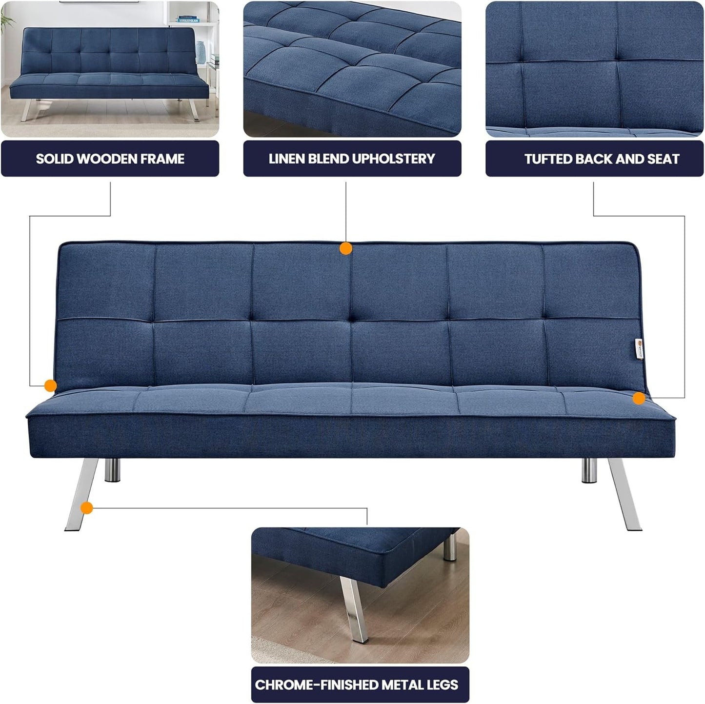 Sofa Britney Three Seater Sofa Bed - Blue. Linen Fabric Click Clack Sofa Bed, Folding Couch