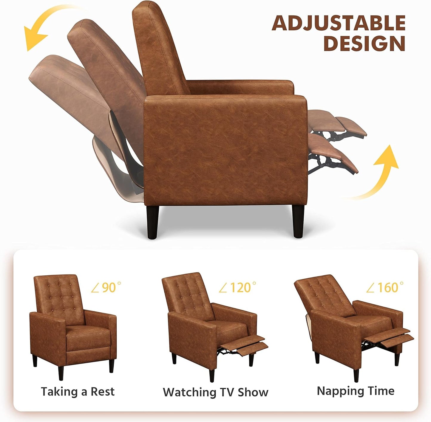 Sofa Recliner Chair Adjustable Reclining Armchair Upholstered PU Leather Single Sofa