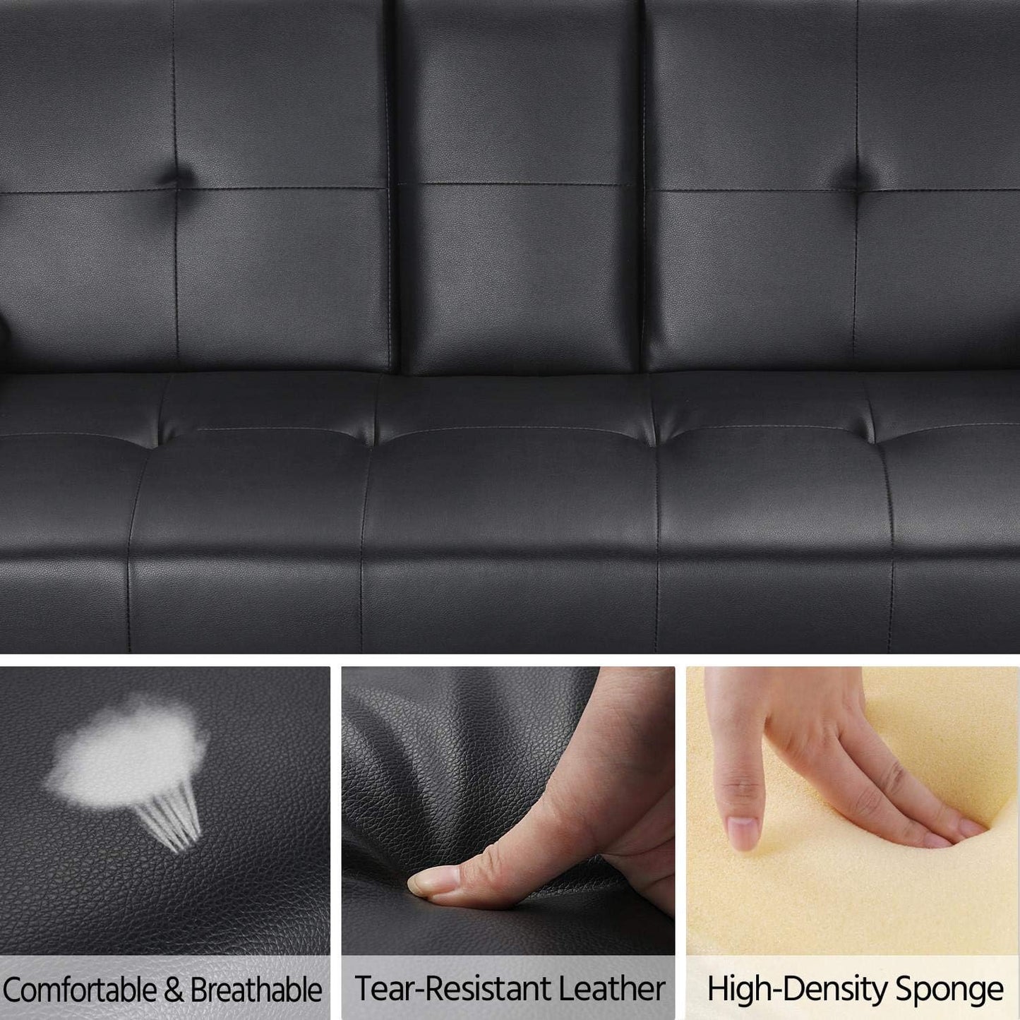 Sofa Modern Faux Leather Sofa Bed with Cup Holders 3 Seater Sofa Couch Living Room
