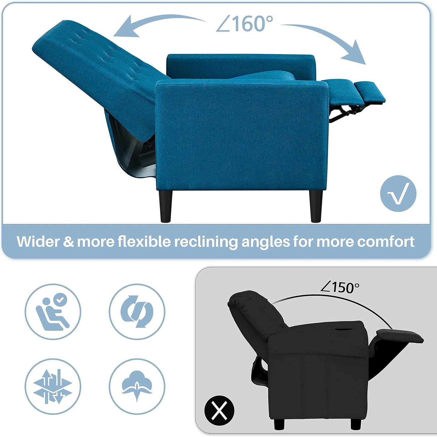 Sofa Blue Fabric Recliner Armchair Adjustable Reclining Chair Upholstered Single Sofa Armchair