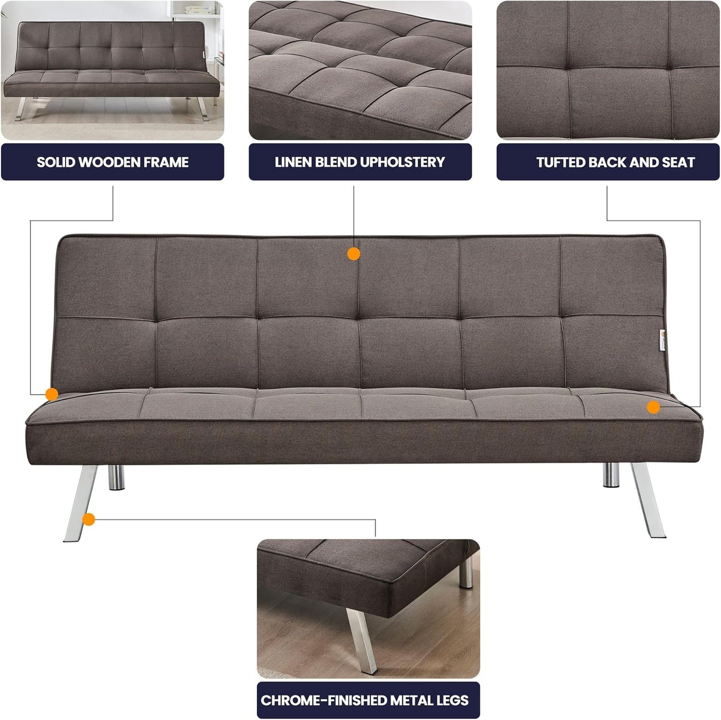 Sofa Britney Three Seater Sofa Bed - Brown. Linen Fabric Click Clack Sofa Bed, Folding Couch