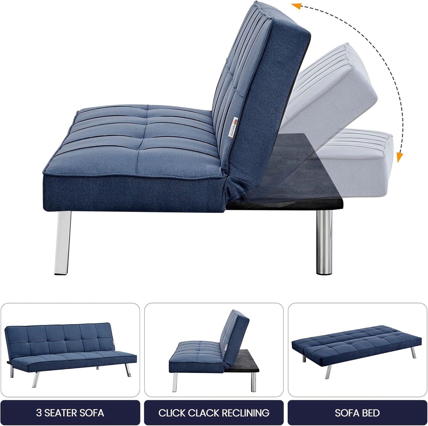 Sofa Britney Three Seater Sofa Bed - Blue. Linen Fabric Click Clack Sofa Bed, Folding Couch