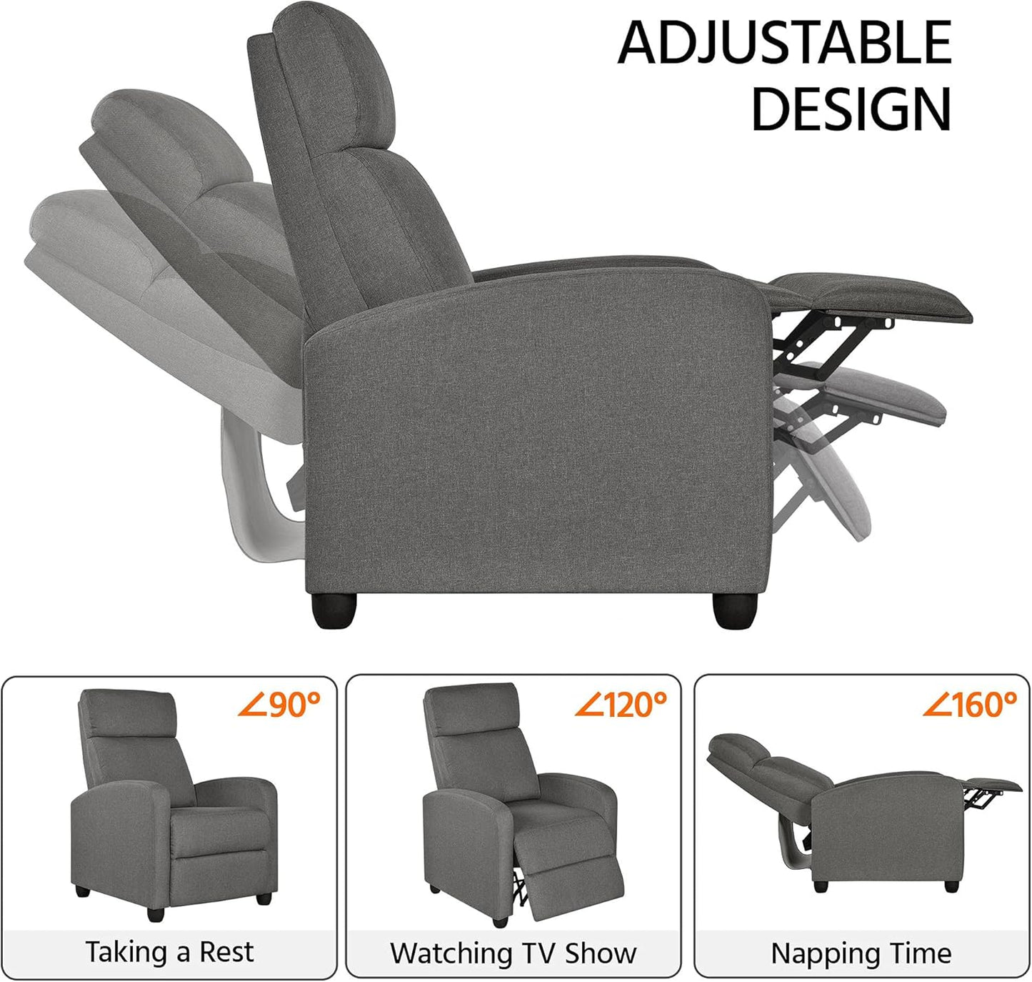 Sofa Recliner Armchair Adjustable Fabric Recliner Chair Sofa for Living Room/Bedroom Gray