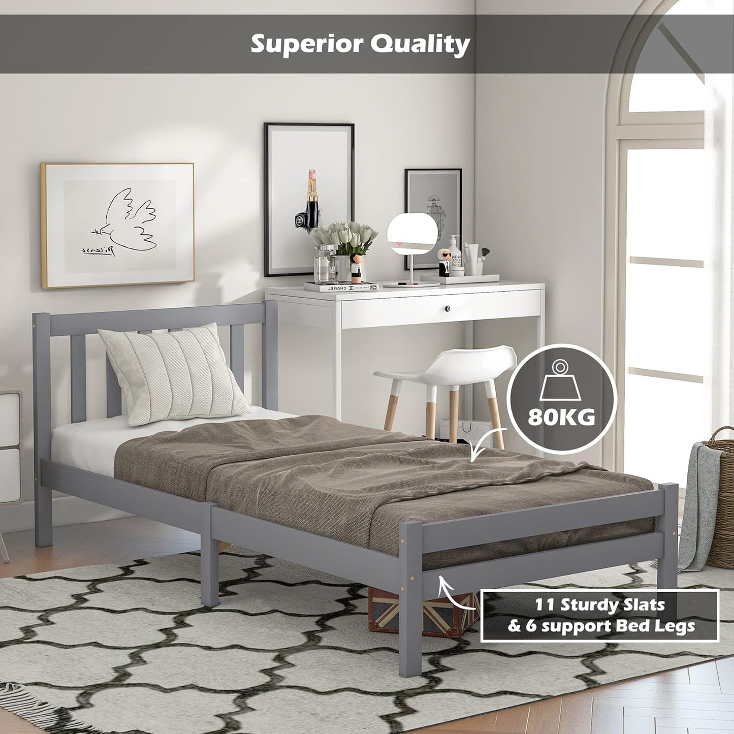 Wooden Bed Frame - Single 3ft Bedroom for Adults, Kids, Teenagers