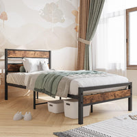 Metal Single Bed Frame with Wooden Headboard, Heavy Duty Metal