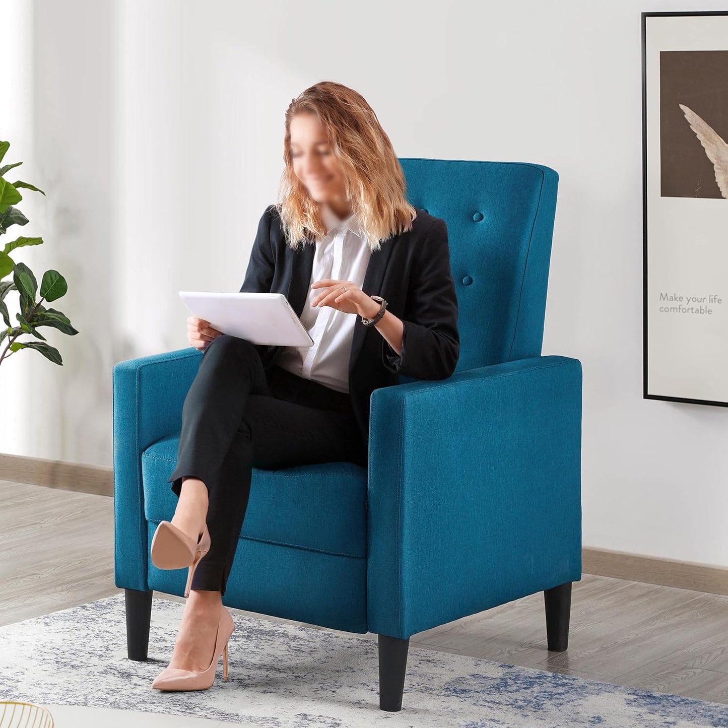 Sofa Blue Fabric Recliner Armchair Adjustable Reclining Chair Upholstered Single Sofa Armchair