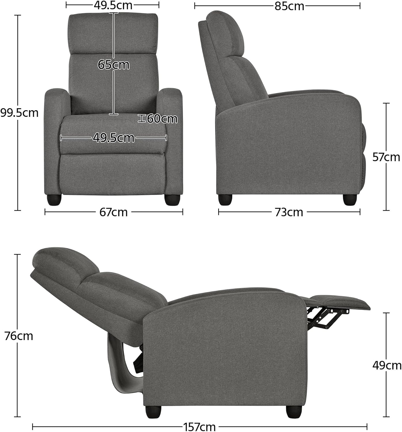 Sofa Recliner Armchair Adjustable Fabric Recliner Chair Sofa for Living Room/Bedroom Gray