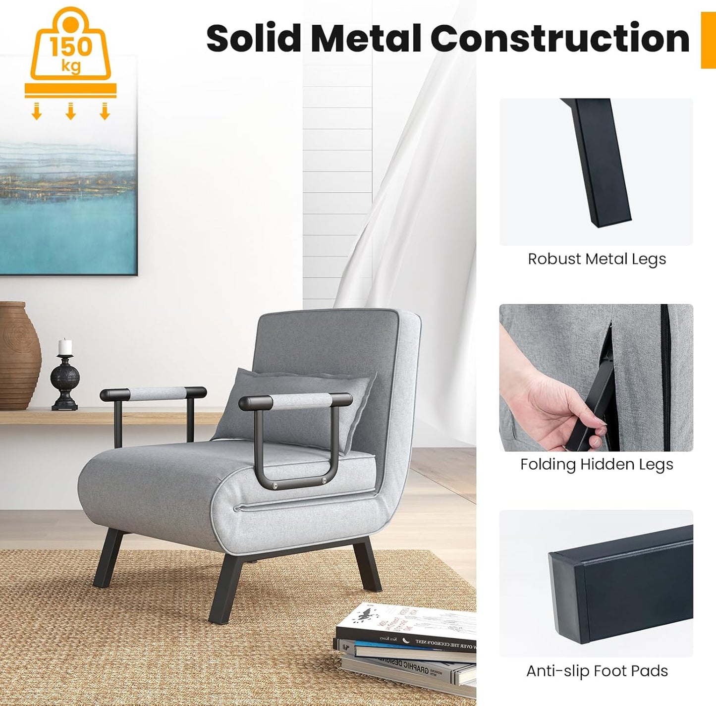 Sofa Folding Bed, 4-in-1 Convertible Lounge Recliner Sleeper with 6-Position Adjustable Backrest