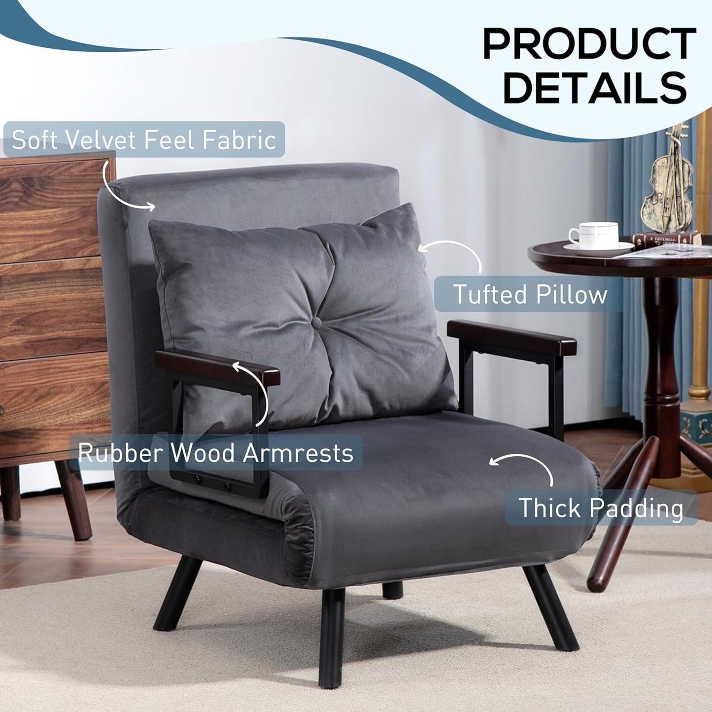 Sofa Single Chair Bed, Click Clack Convertible Bed Settee, Modern Velvet Feel Fabric