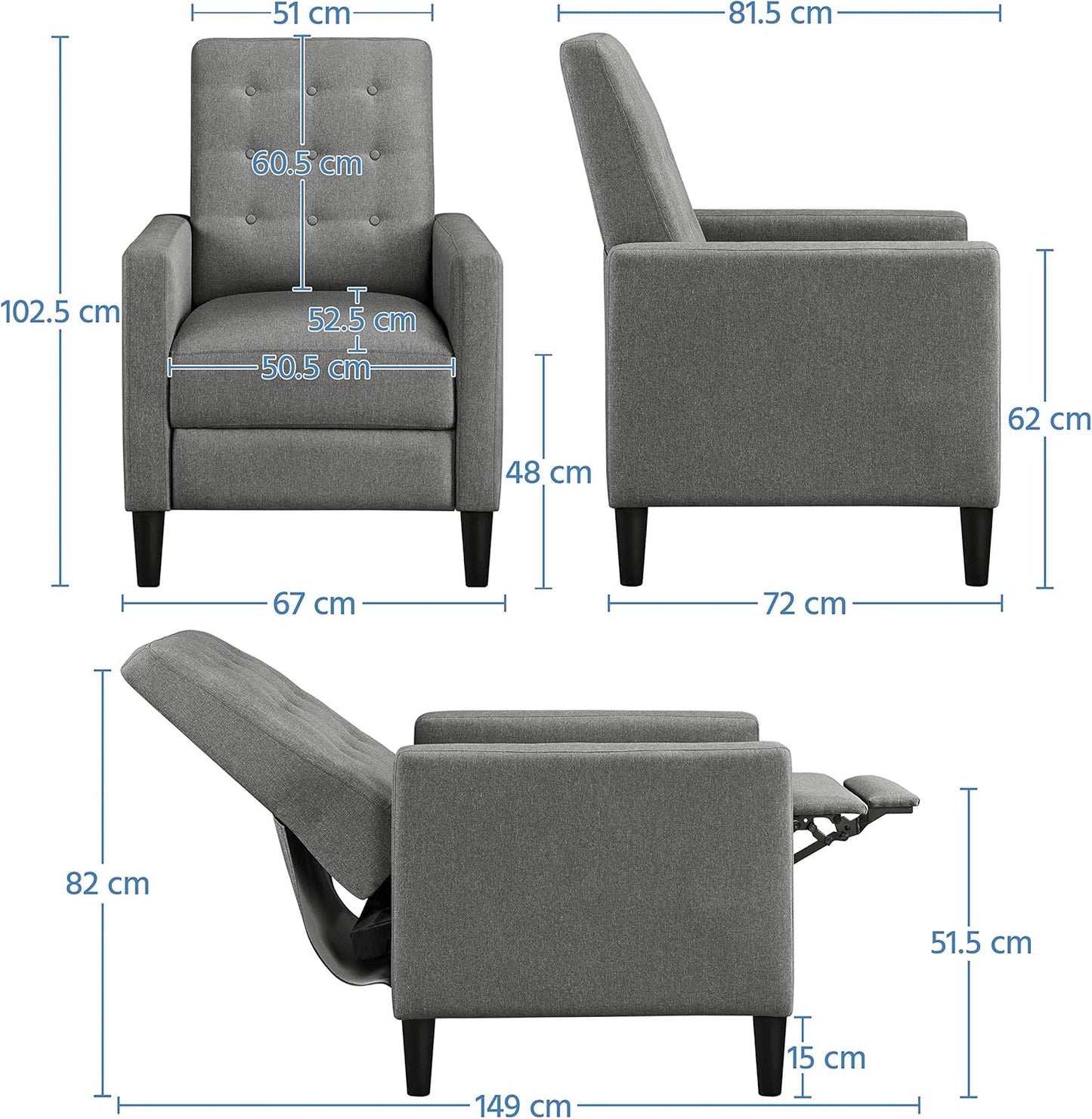 Sofa Grey Modern Recliner Chair Adjustable Reclining Armchair Upholstered Sofa