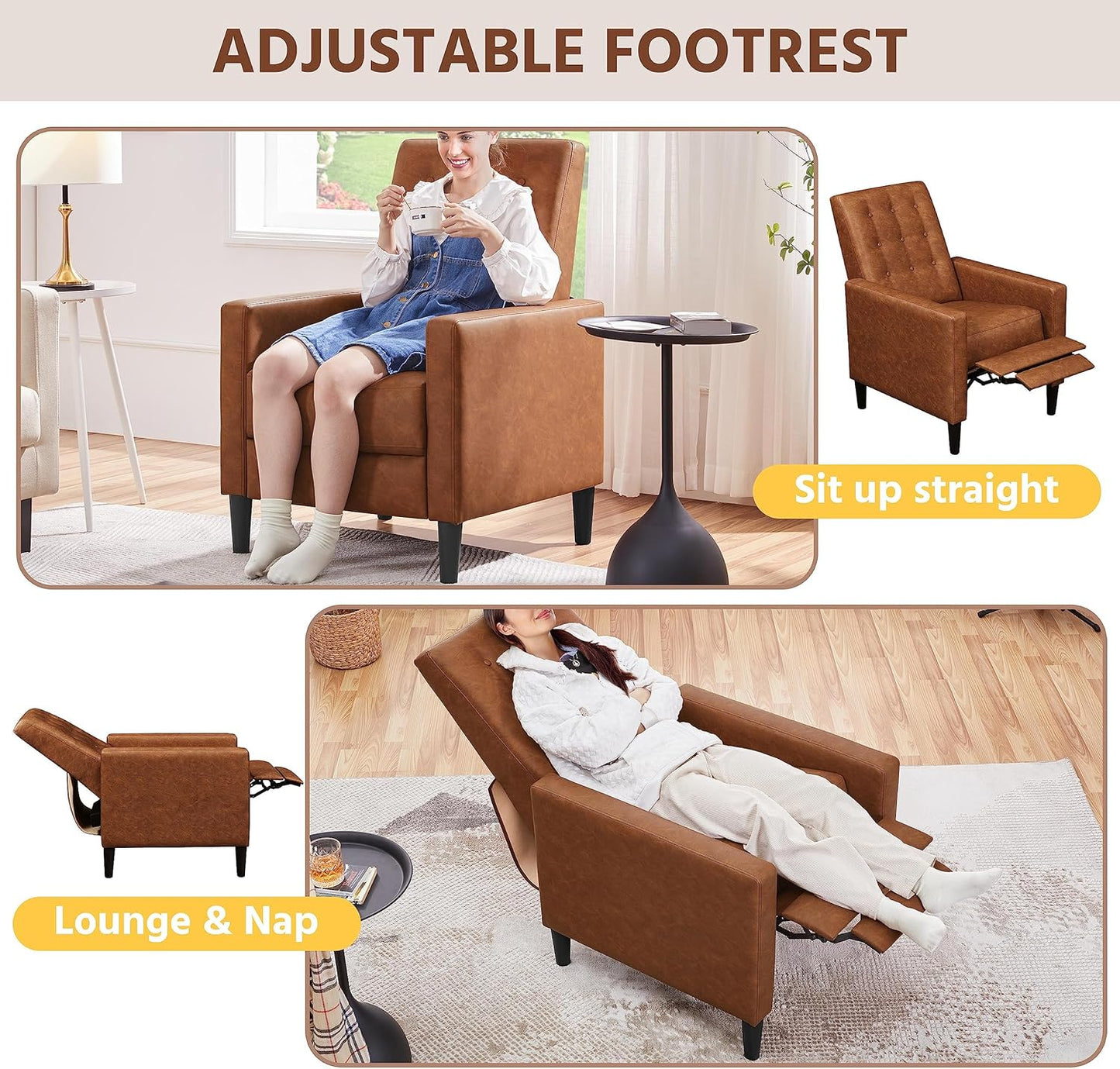 Sofa Recliner Chair Adjustable Reclining Armchair Upholstered PU Leather Single Sofa