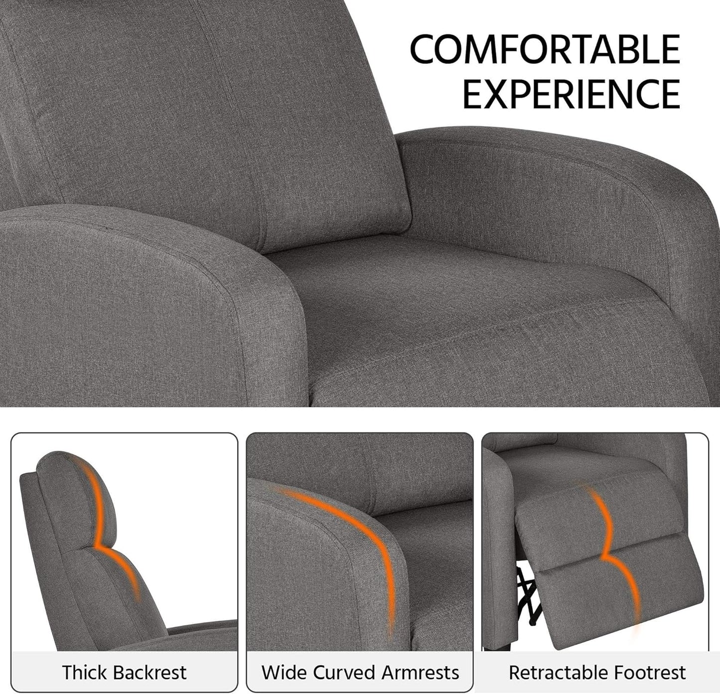 Sofa Recliner Armchair Adjustable Fabric Recliner Chair Sofa for Living Room/Bedroom Gray