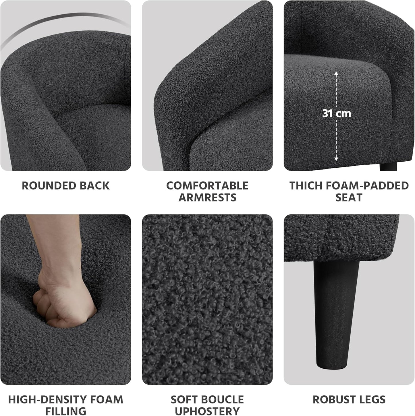 Sofa Tub Chair, Accent Chairs for Living Room, Boucle Fabric Armchair, Cozy Barrel Chair