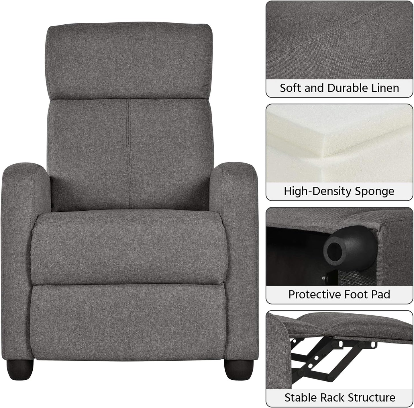 Sofa Recliner Armchair Adjustable Fabric Recliner Chair Sofa for Living Room/Bedroom Gray
