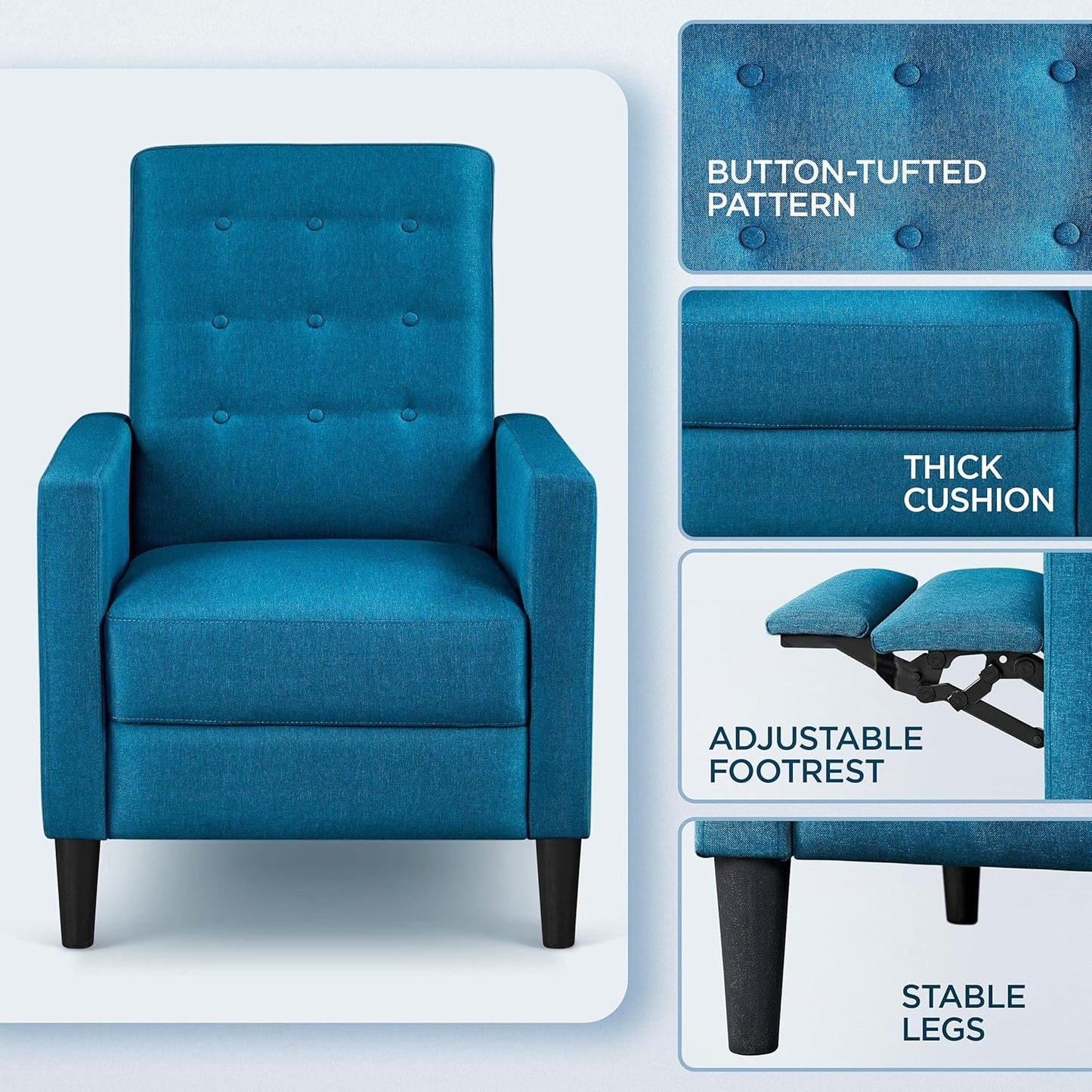 Sofa Blue Fabric Recliner Armchair Adjustable Reclining Chair Upholstered Single Sofa Armchair