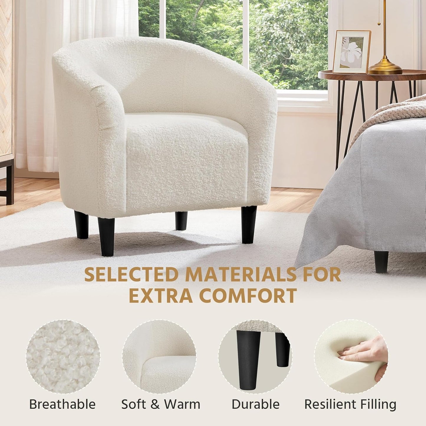 Sofa Tub Chair, Fuzzy Accent Armchair Sherpa Fabric Club Chair Boucle Barrel Chair Upholstered