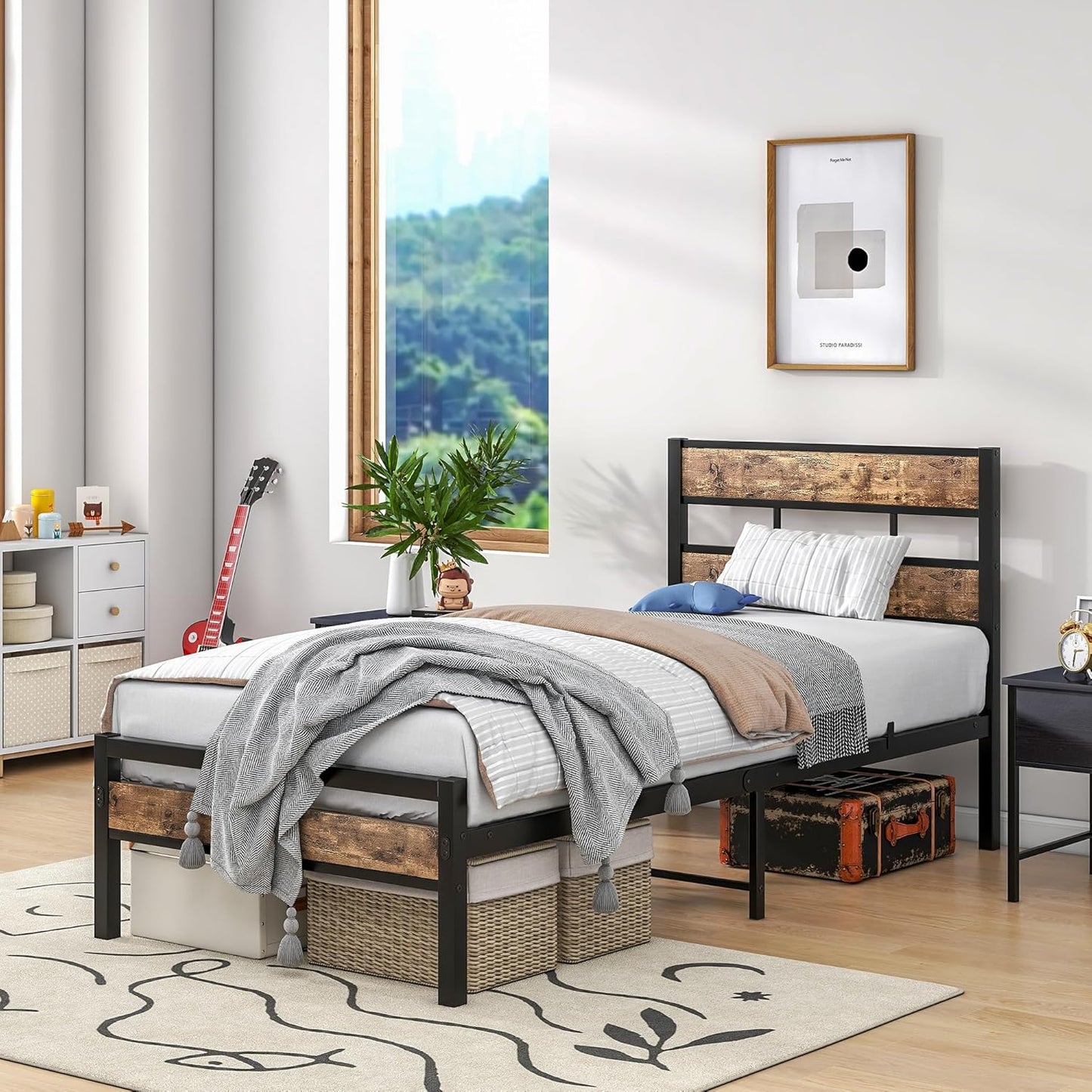 Metal Single Bed Frame with Wooden Headboard, Heavy Duty Metal