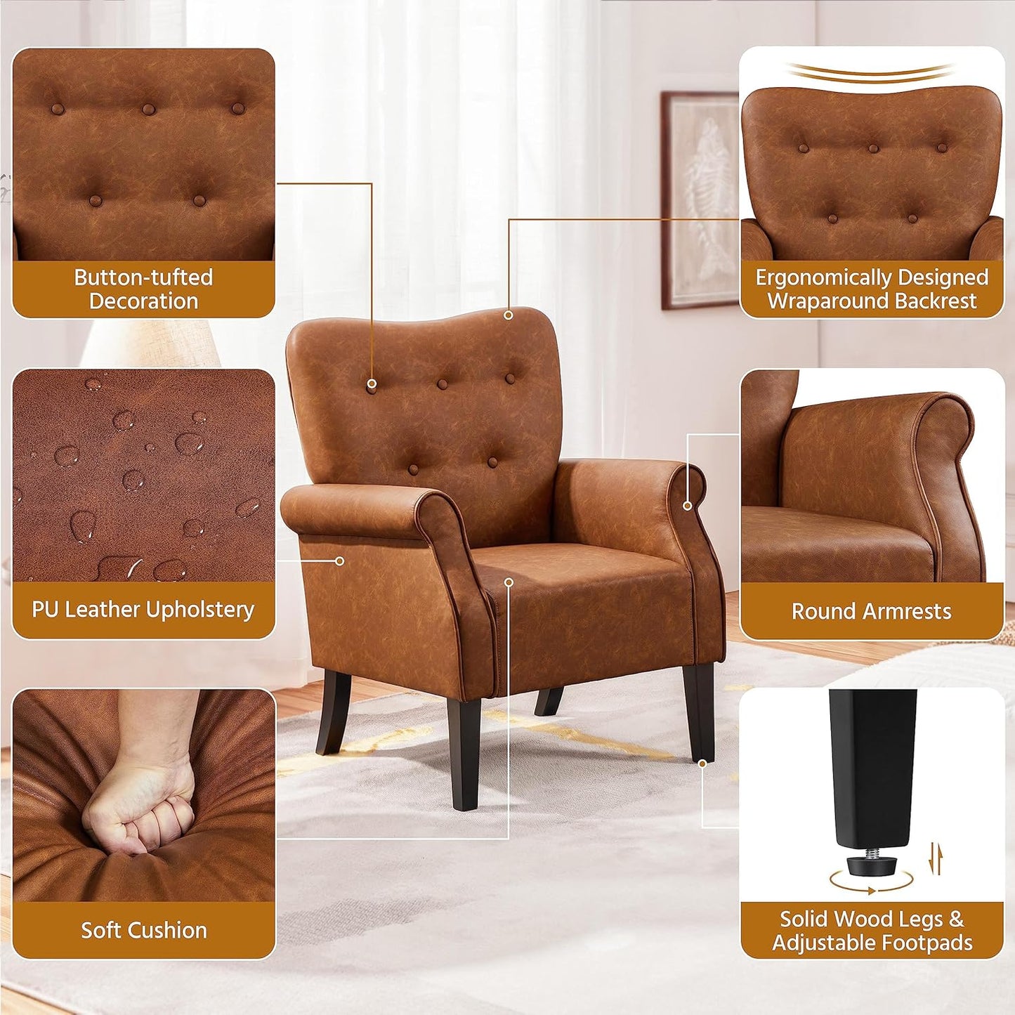 Sofa Modern Tub Chair, Mid-Century PU Leather Accent chair Sofa Chair