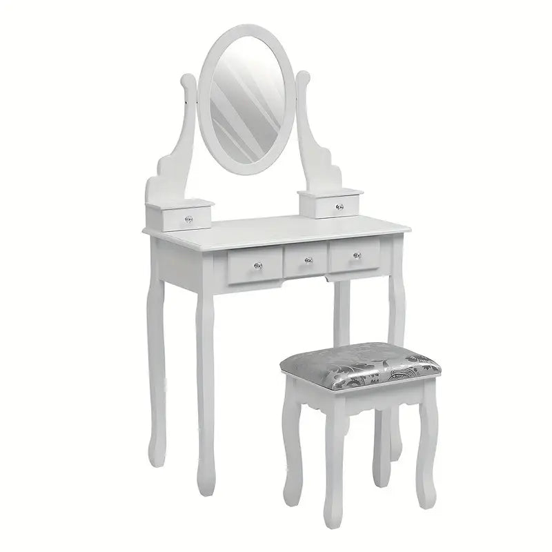 Dressing NEW Desk White Dressing Table Mirror W/ Stool Makeup Vanity Set 5 Drawers