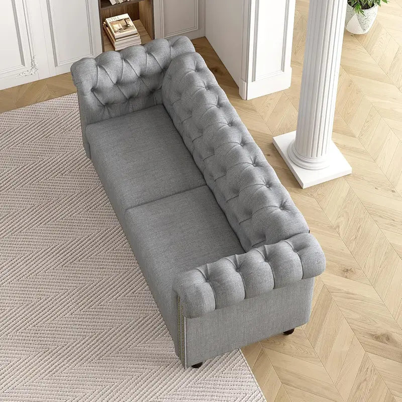 Chesterfield Grey 2 Seater Style Button back Sofa, Couch Linen Fabric Settee