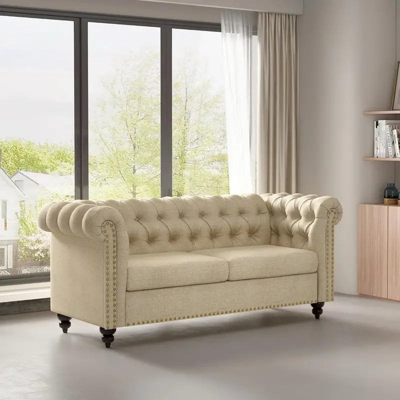 Chesterfield Beige 2 Seater Style Button back Sofa, Couch Linen Fabric Settee