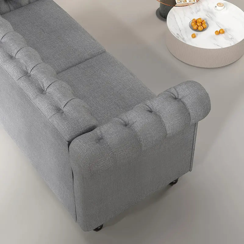Chesterfield Grey 2 Seater Style Button back Sofa, Couch Linen Fabric Settee