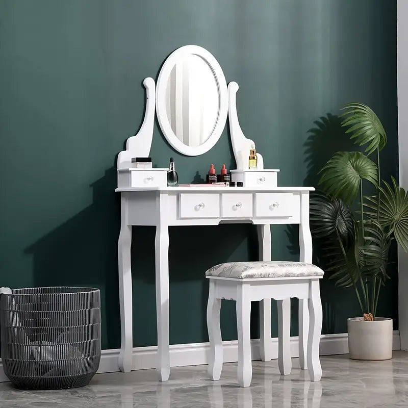 Dressing NEW Desk White Dressing Table Mirror W/ Stool Makeup Vanity Set 5 Drawers