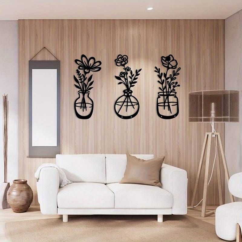 3 Pieces Metal Flower Wall Art Decoration, Black Tulip Wire Iron Decor