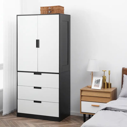 Wardrobe 2 Door Modern Wardrobe with 3 Drawers and Hanging Rod for Bedroom BLACK