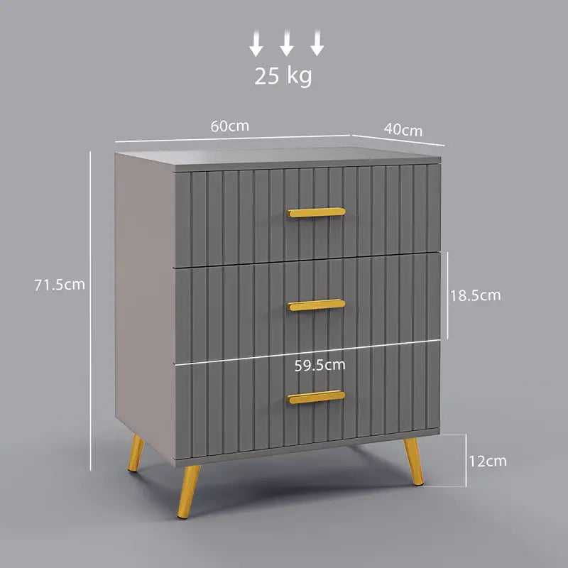 DARK GREY Bedroom Chest of Drawers, Modern 3-Drawer Dresser With Aluminium Legs