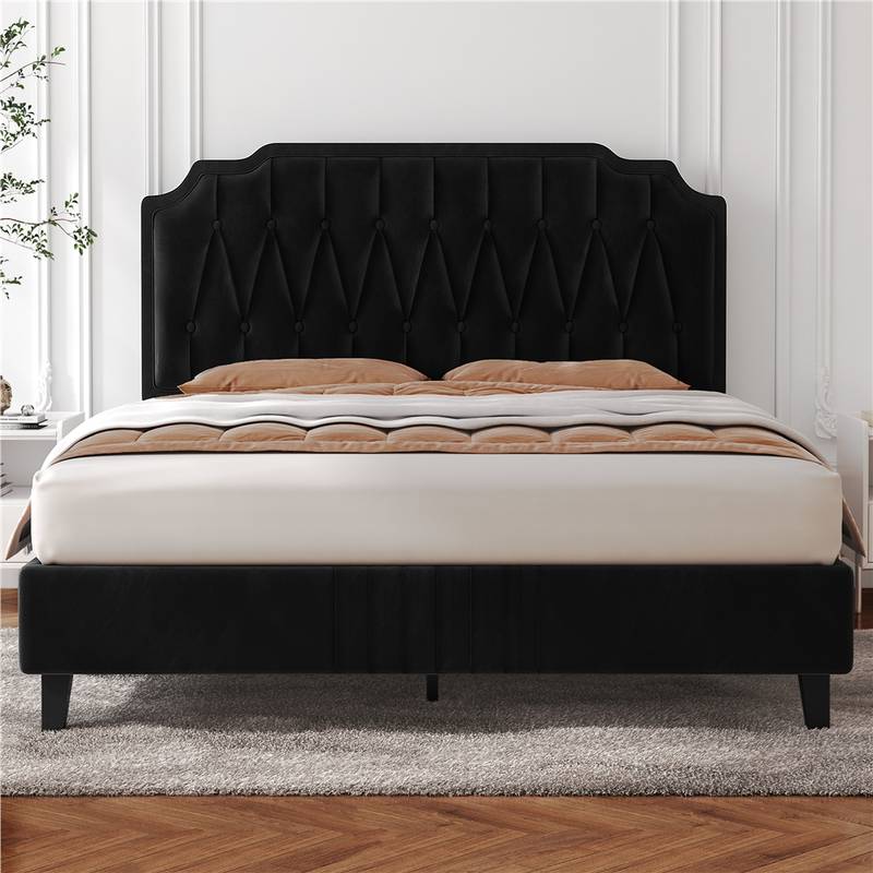 Chesterfield Upholstered Bed Frame Velvet (BLACK) Platform Bed with Height Adjustable Headboard With Wooden Slat Support