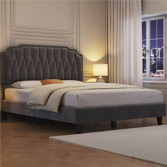 Chesterfield Upholstered Bed Frame Velvet (DARK GREY) Platform Bed with Height Adjustable Headboard With Wooden Slat Support