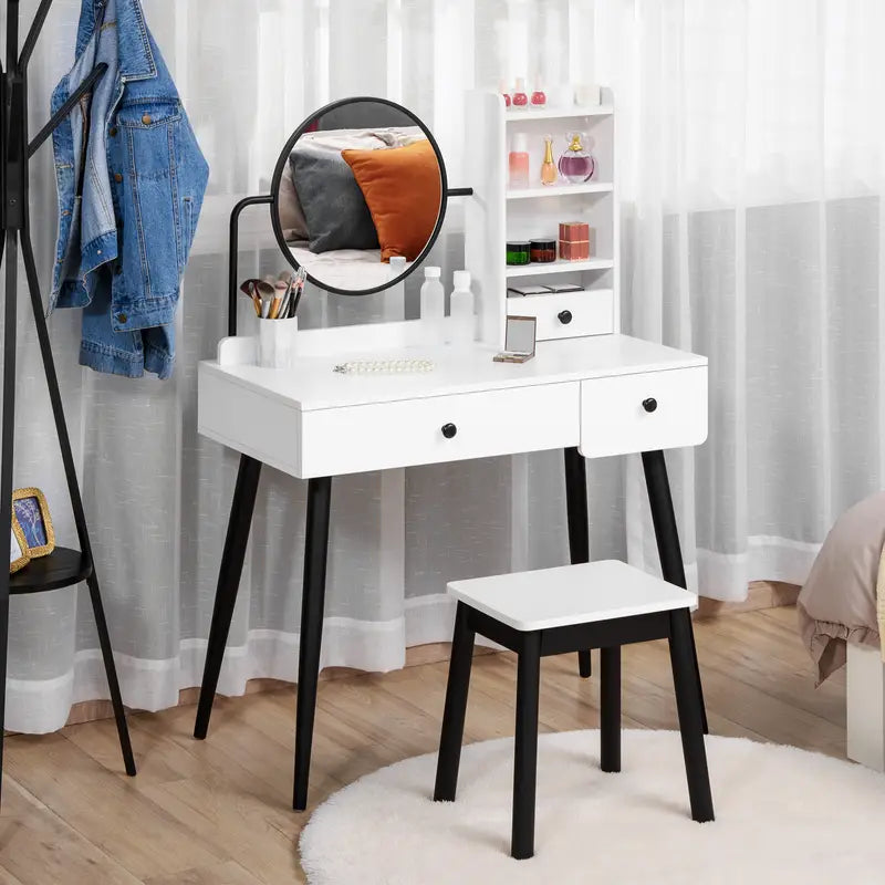 Dressing Table Set with Mirror and Stool, Vanity Makeup Table with 3 Drawers White