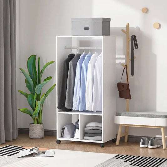 Wardrobe for Adults Kids Bedroom, Small Wardrobe on Wheels with Clothes Rail - WHITE