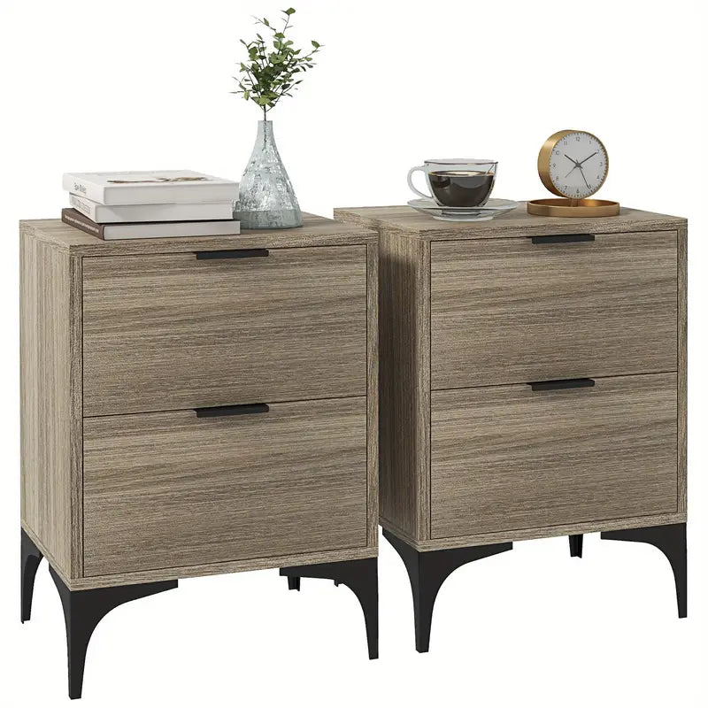 Bedside Tables Set of 2, Modern 2 Drawers, Small Sofa End Tables with Storage and Steel Legs for Bedroom