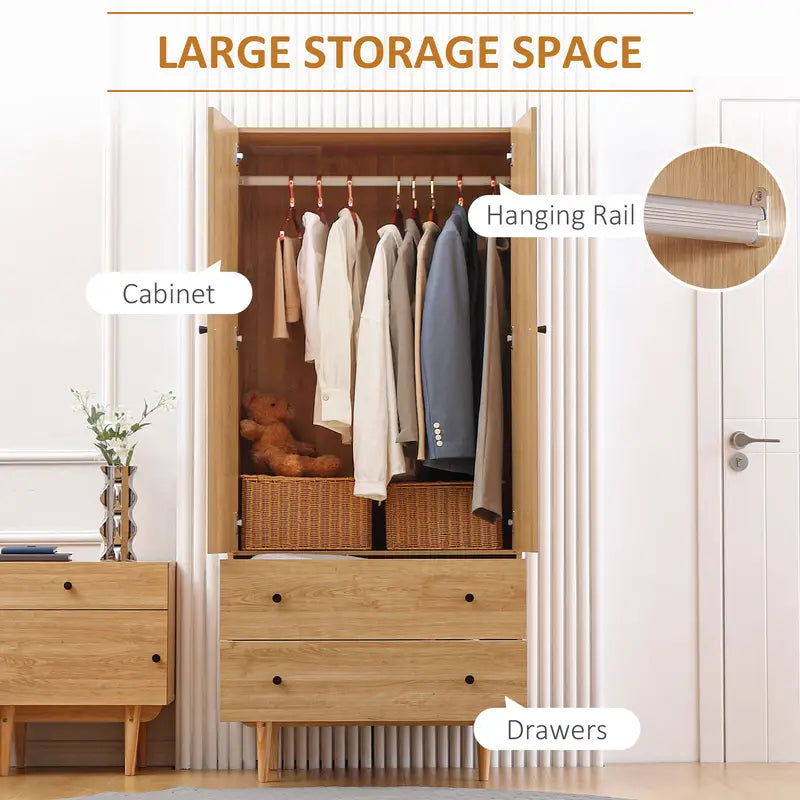 Wardrobe 2 Door with 2 Drawers, Hanging Rail, Anti-tipping Design NATURAL WOOD