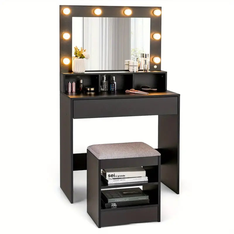 Dressing Table Vanity Table Set Large Makeup Dressing Desk w/ Lighted Mirror Storage Stool