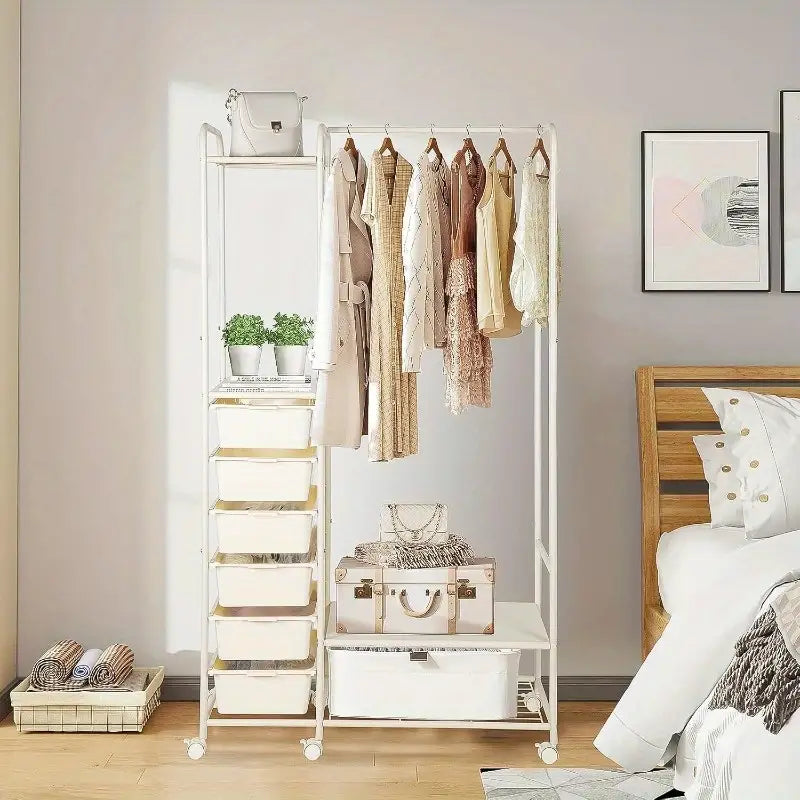 Wardrobe Clothes Rack With Wheels, Shoe Rack & Hanging Hooks For Hats And Bags