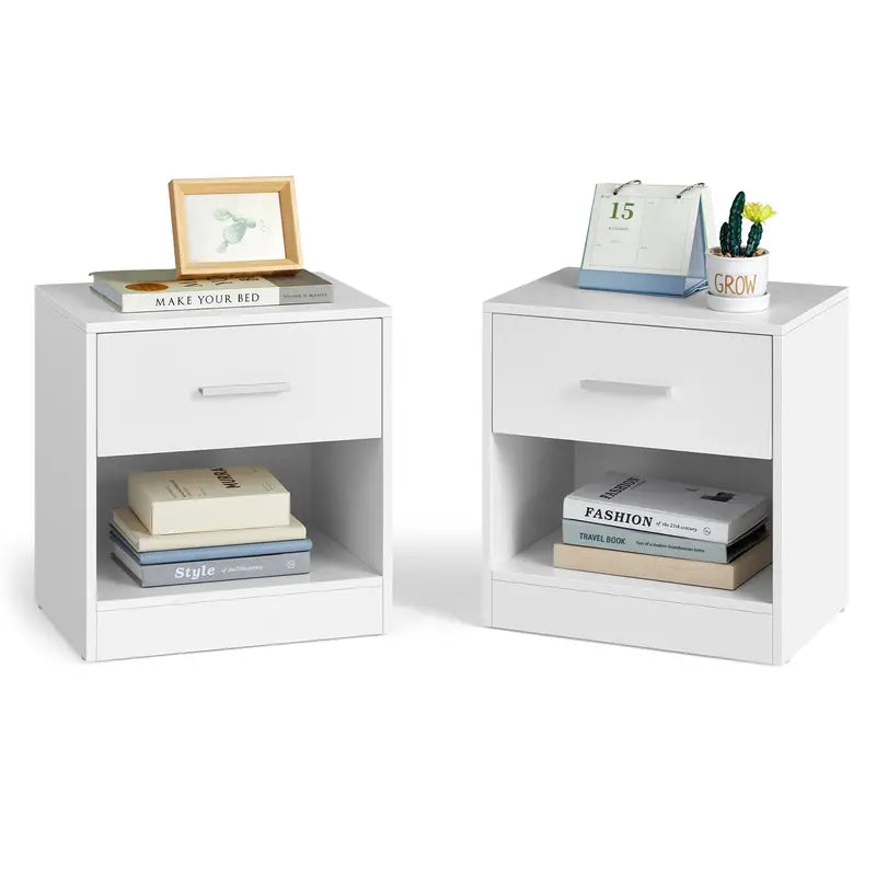 WHITE Set of 2, Side Table with Drawer, Handle, Open Compartment, End Table, for Bedroom, Living Room