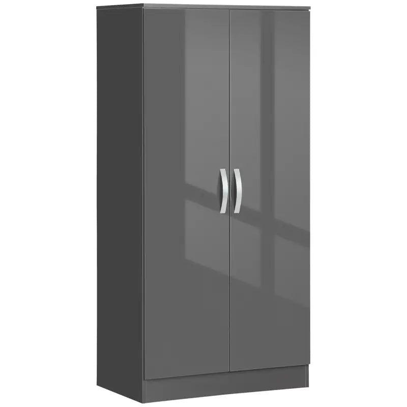 Wardrobe High Gloss Wardrobe, 2 Door Wardrobe with Hanging Rod and Storage Grey