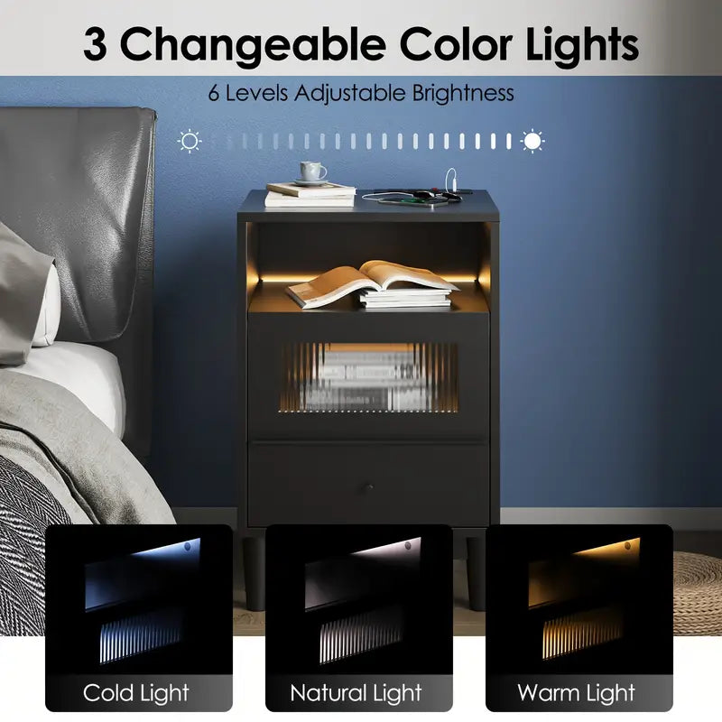 BLACK Bedside Table With Charging Station, End Table With Glass Drawers, With LED Lights