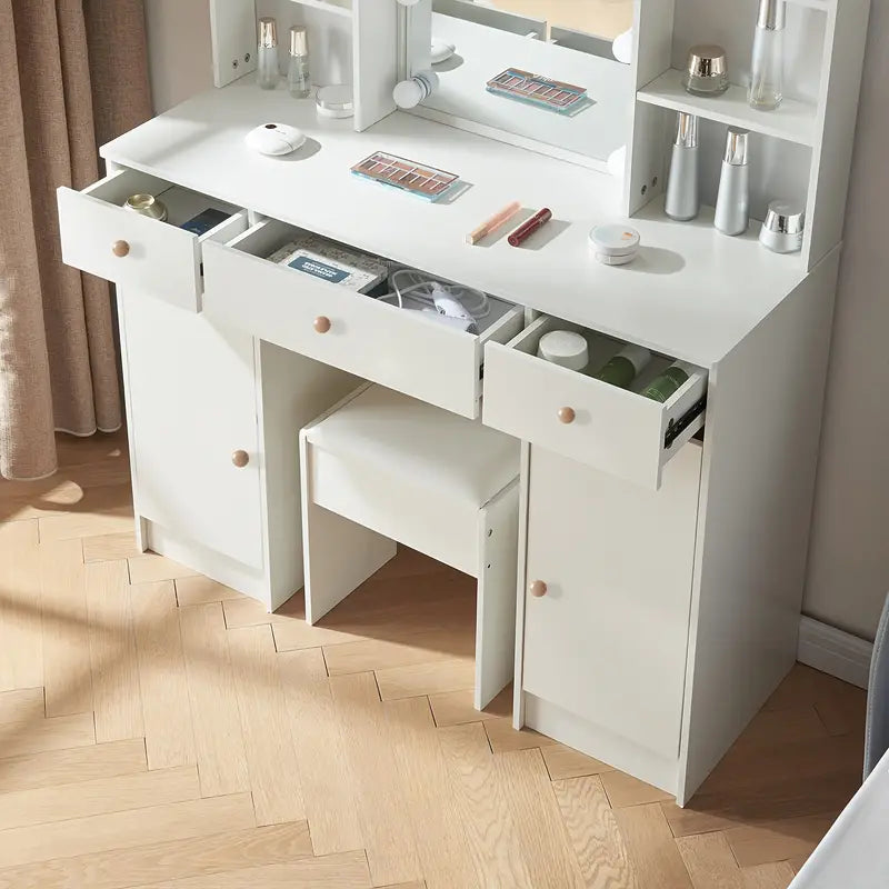 Dressing Table Makeup Desk With Lighted Mirror Stool Large Drawers Vanity Table