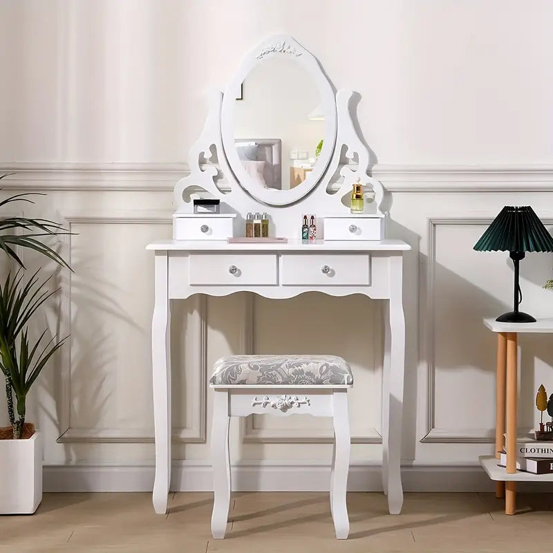 Dressing NEW Desk White Dressing Table Mirror W/ Stool Makeup Vanity Set 4 Drawers