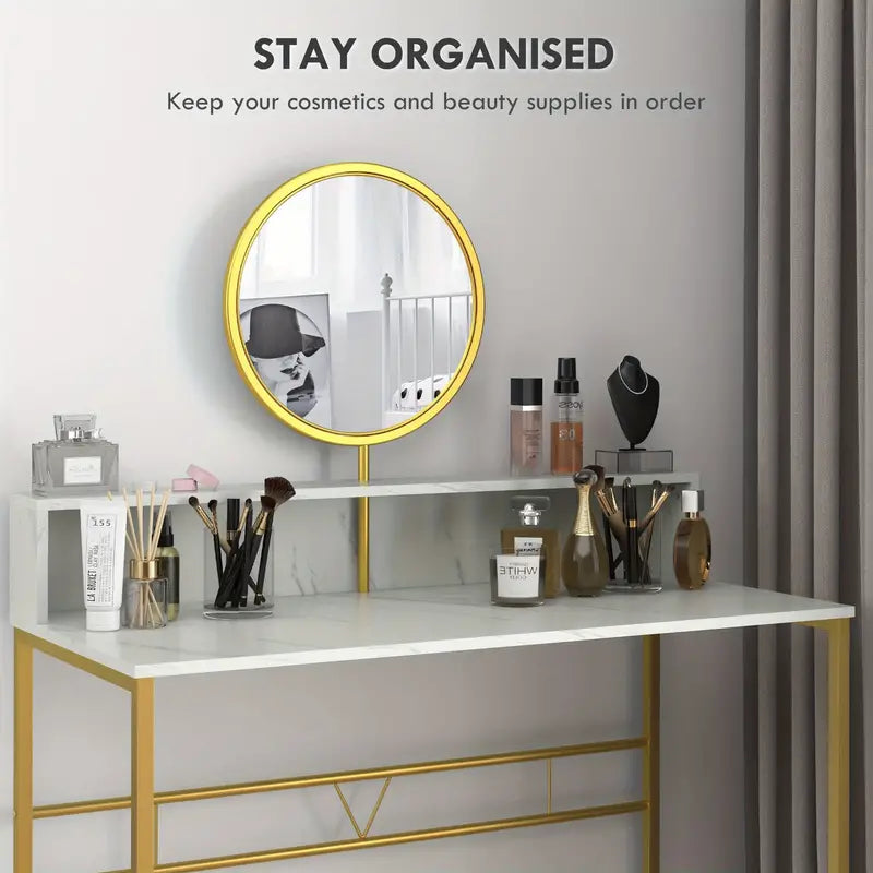 Dressing Dressing Table with Round Mirror, Vanity Makeup Desk with Open Storage