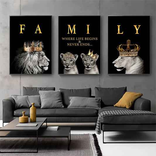 3pc Modern Glam Lion Family Canvas Wall Art - Motivational Set of 3